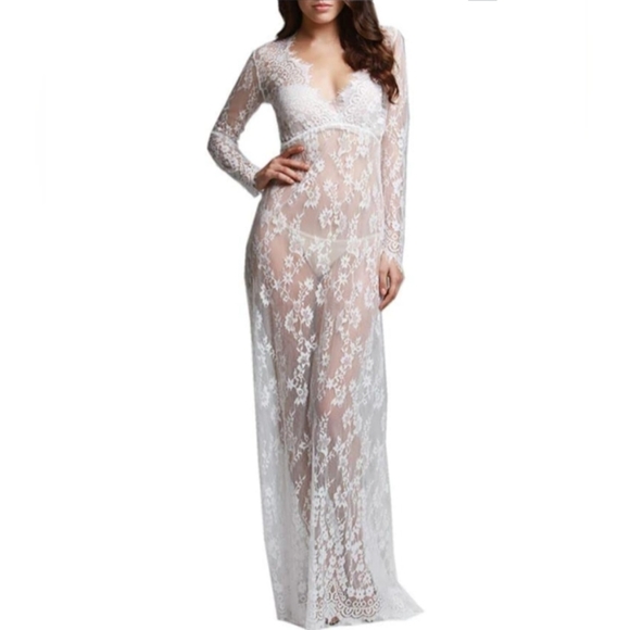 Sexy White Lace Maxi Dress Empire Waist Sheer Full Length Gown Long Lingerie New - Picture 3 of 12
